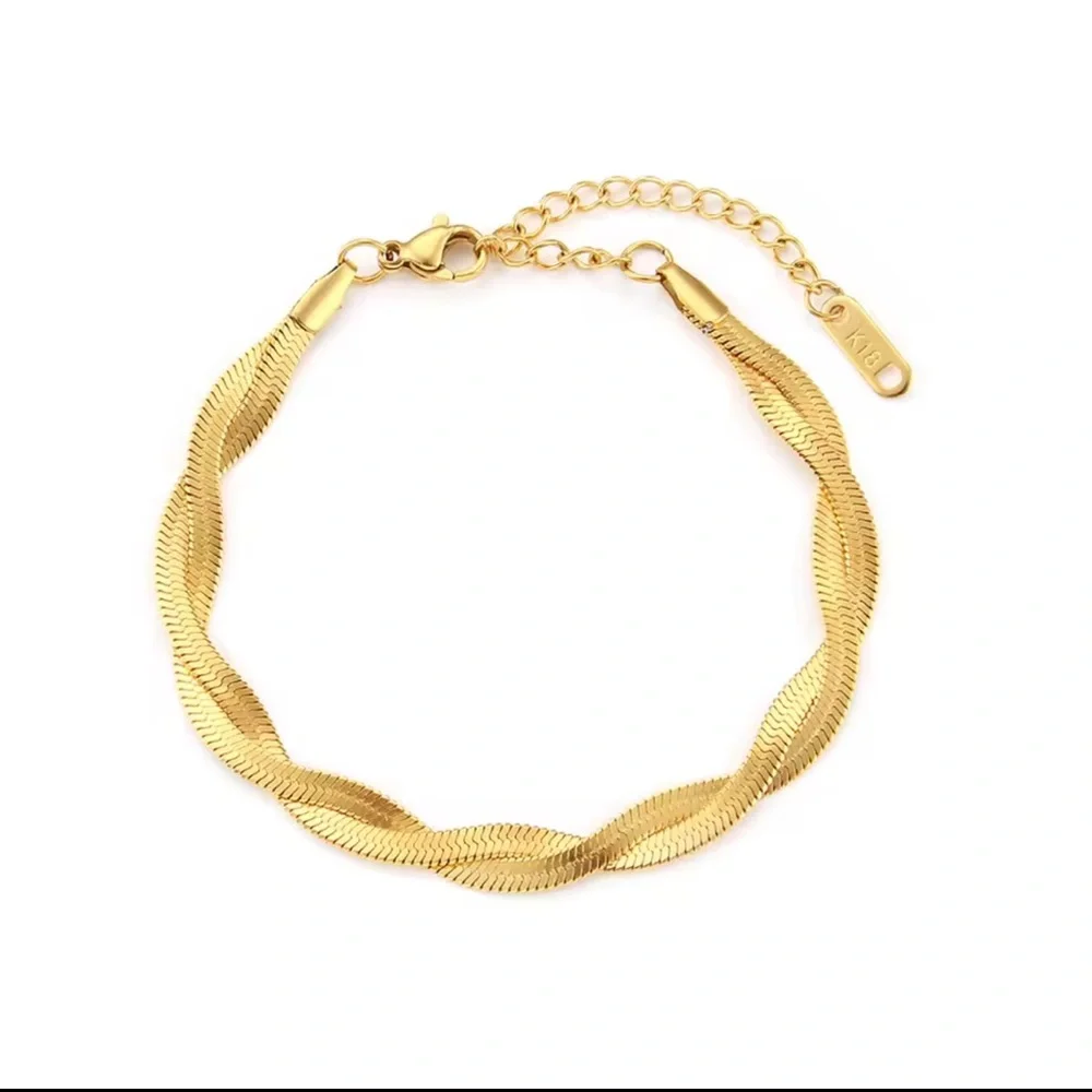 Braided New Herringbone Necklace Bracelet
 Gold 18K plated Set Stainless Steel - Picture 12 of 15
